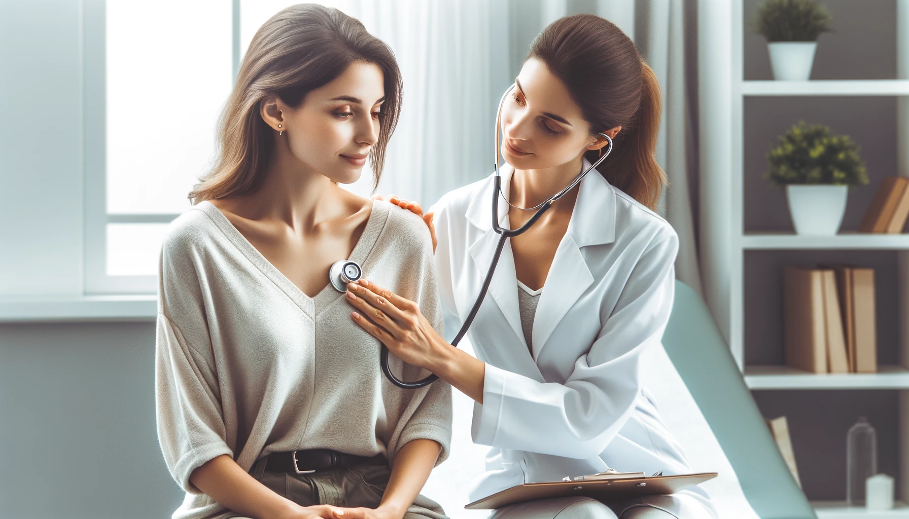 A professional and caring female doctor is attentively listening to her patient's heart using a stethoscope.