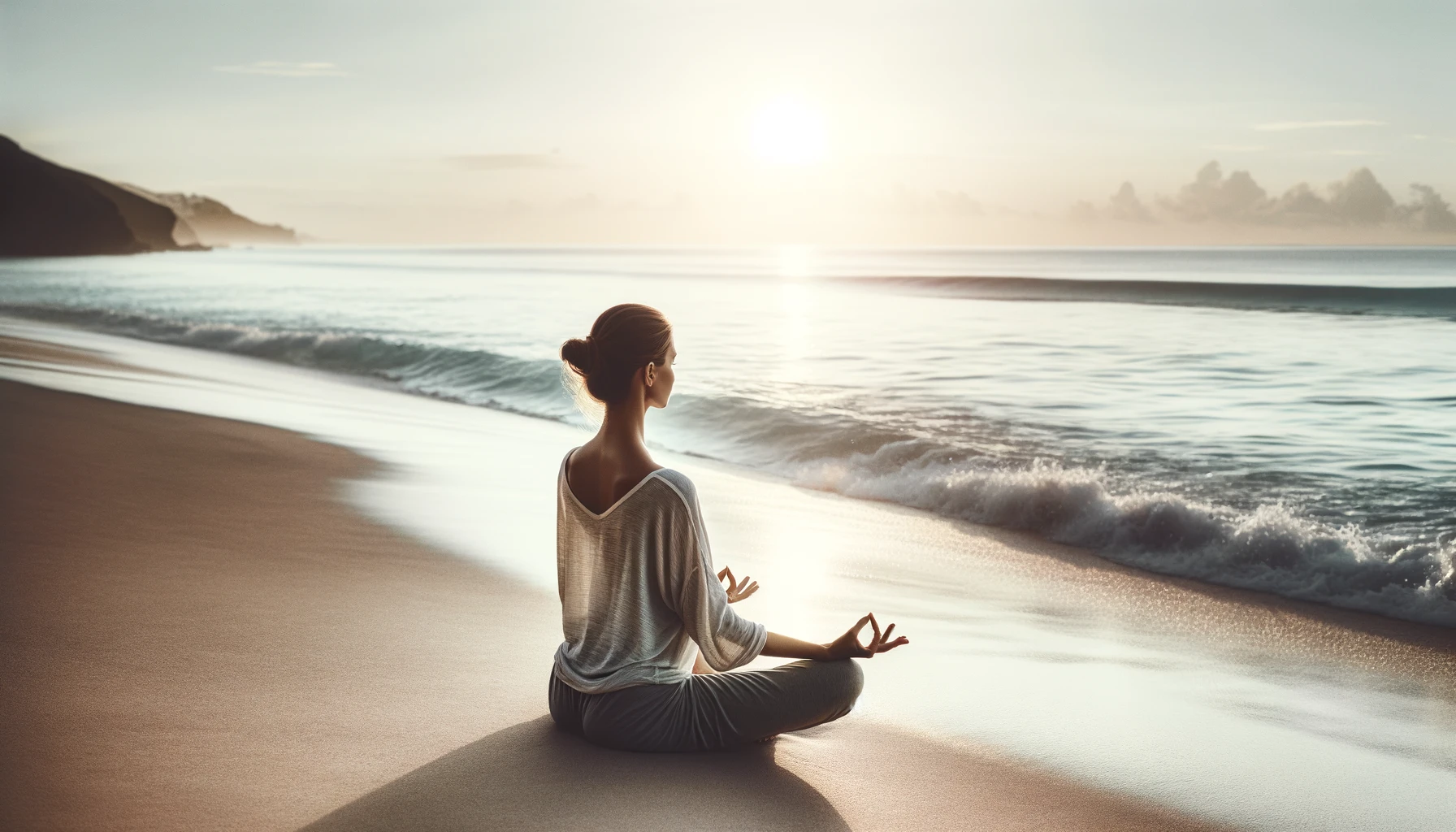 A serene woman practicing yoga, sitting in the Lotus position on a peaceful beach.