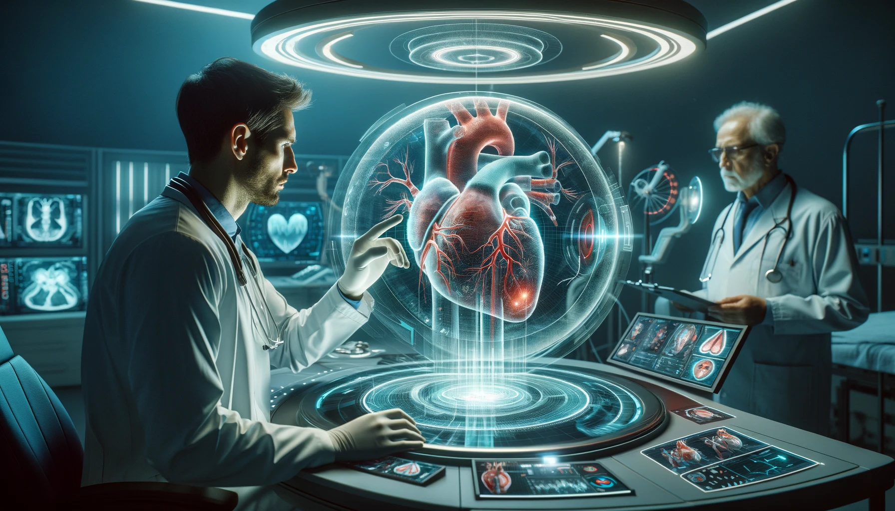 A futuristic and advanced medical setting showcasing a cardiologist doctor examining a patient's heart functions and blood vessels using a virtual interface.