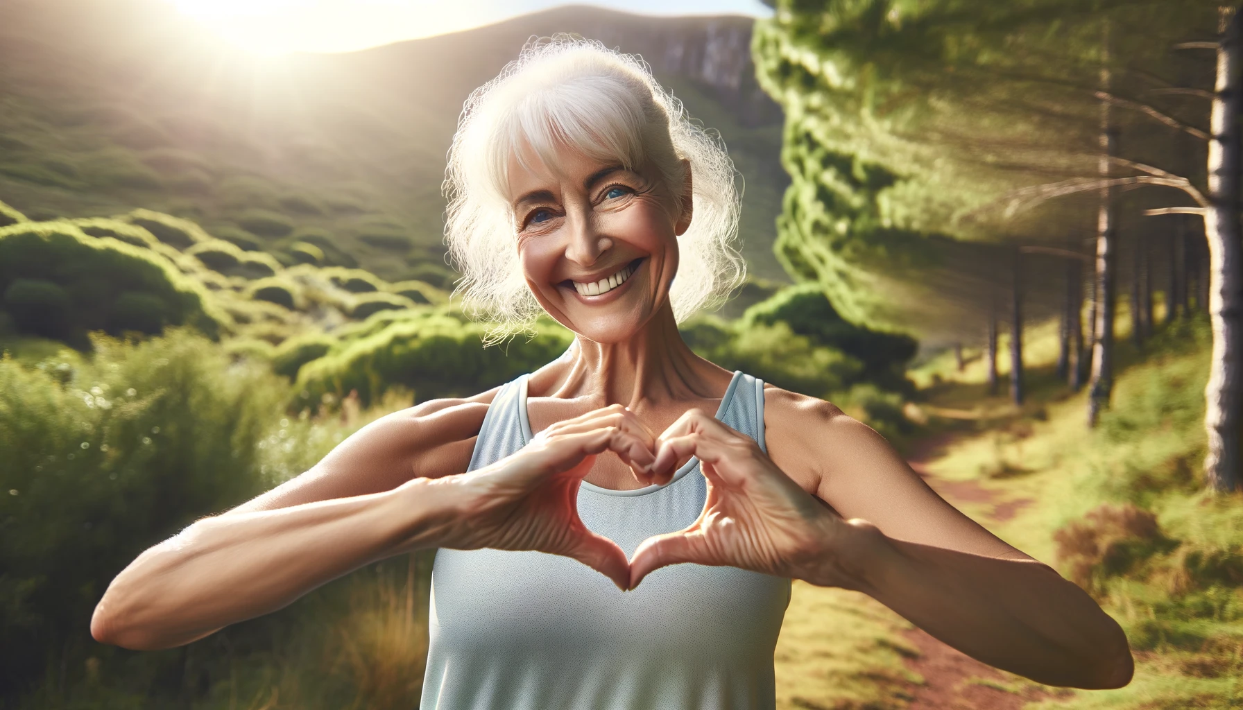 In a serene natural setting, an older woman exudes happiness and vitality after a running session, symbolizing fitness and wellness.