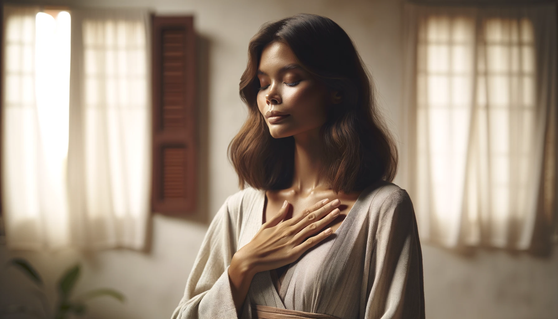 A beautiful woman stands gracefully, her hand placed tenderly on her heart in a gesture of sincerity and emotion.