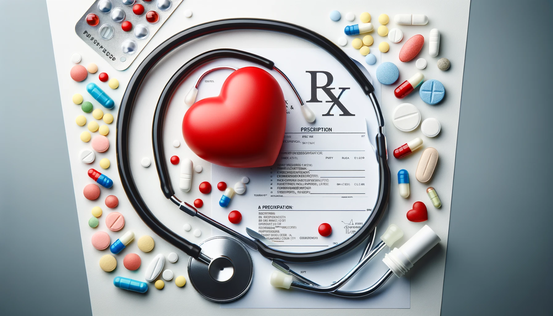 A meticulously arranged composition on a white background featuring an RX prescription pad prominently displayed alongside a red heart symbolizing health and care.