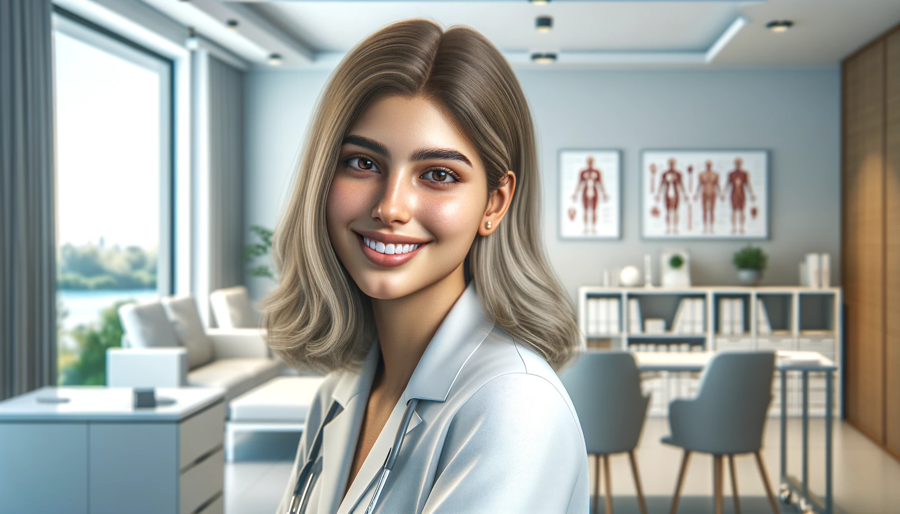 a smiling Turkish female doctor in her office. She is a young woman with shoulder-length blonde hair, wearing a white lab coat. 