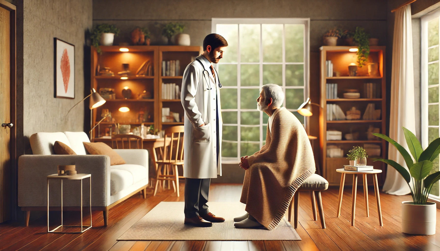 A doctor in a white lab coat standing next to his patient in a cozy, well-lit living room, creating a warm and caring atmosphere.