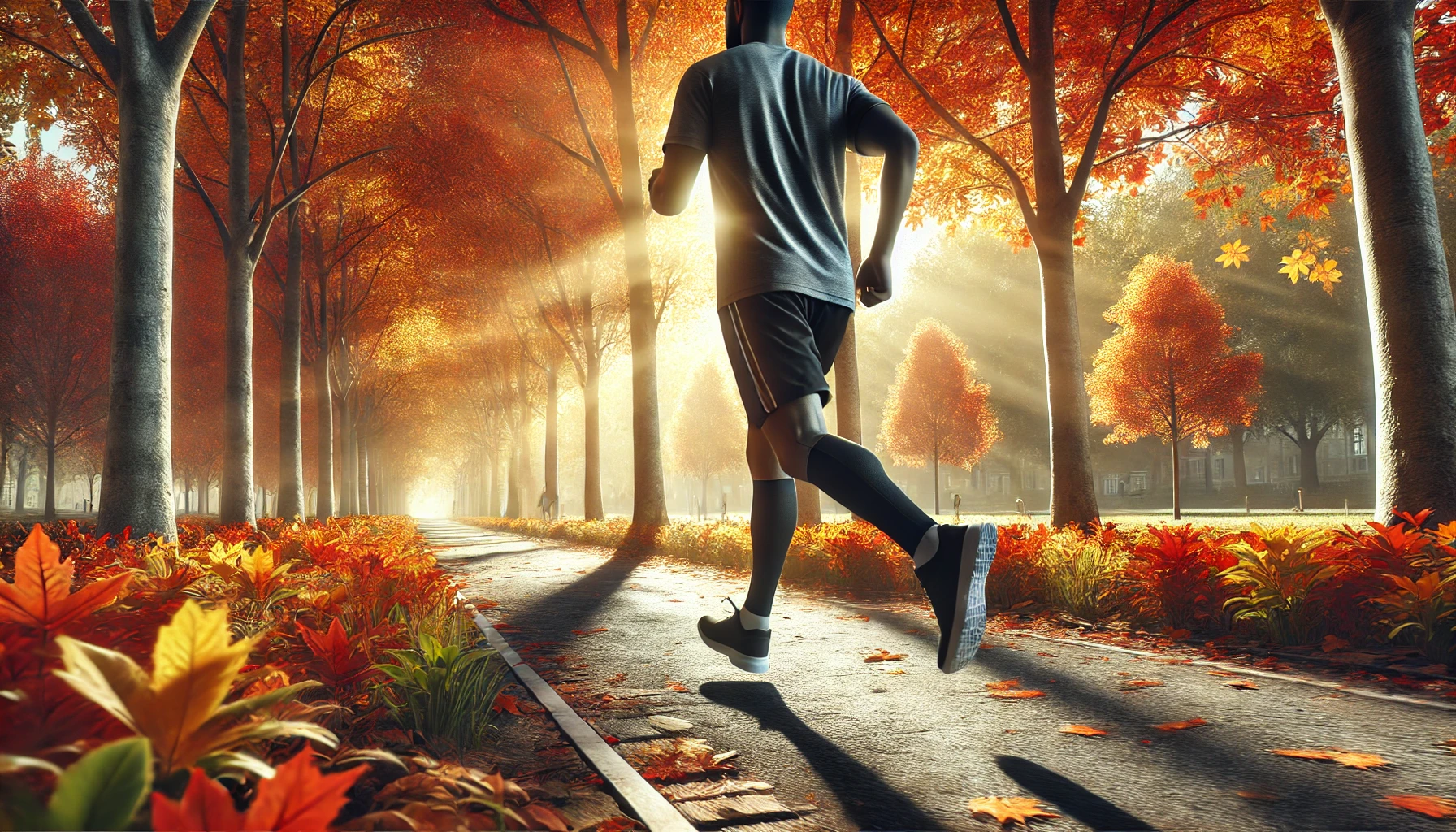 a person running in a park during autumn.