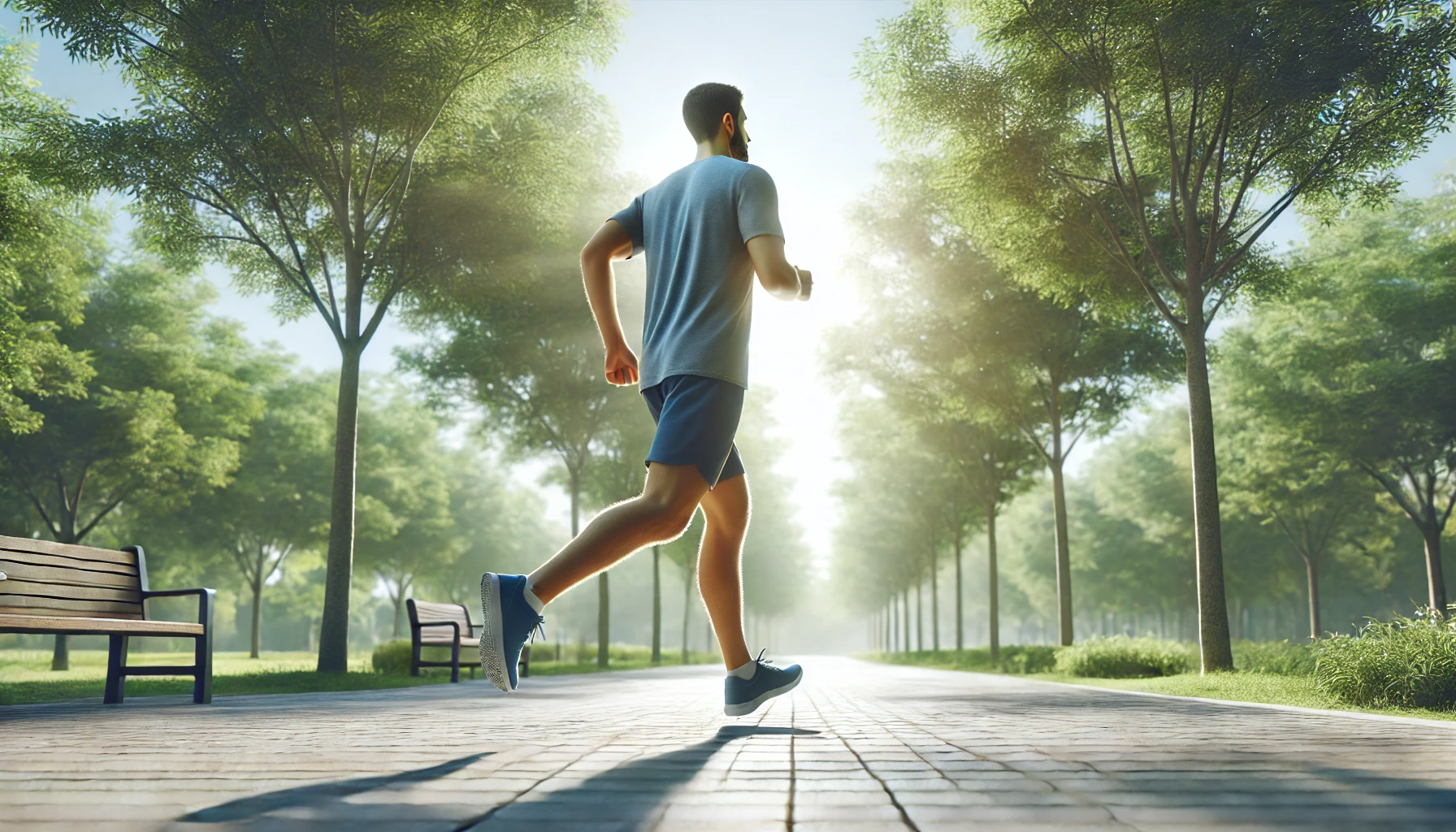 a person running in a peaceful park setting, surrounded by trees and greenery