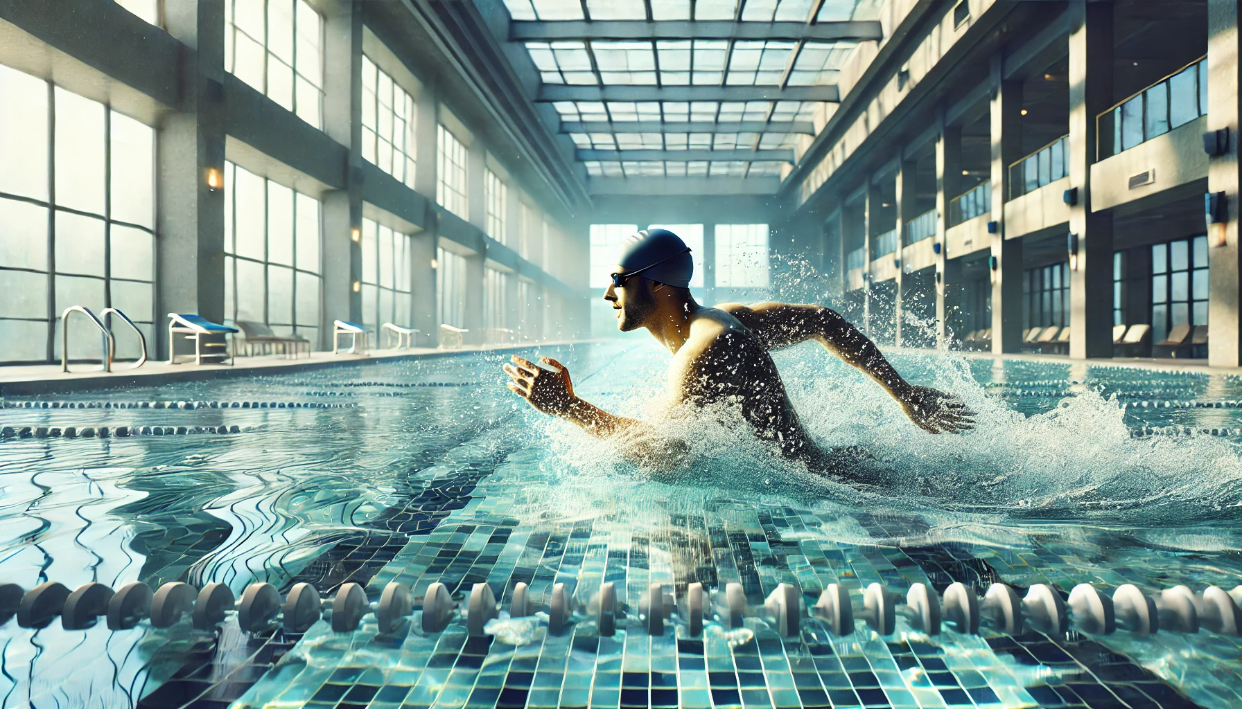 a person swimming in an indoor pool.