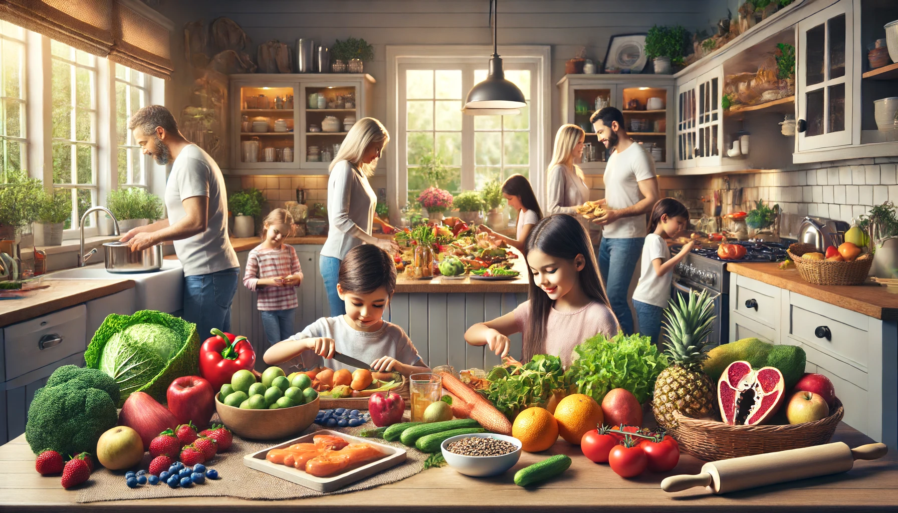 a family of diverse ages and backgrounds preparing a heart-healthy meal together in a kitchen filled with fresh fruits, vegetables, whole grains, and lean proteins, highlighting the importance of healthy eating in boosting cardiovascular health.