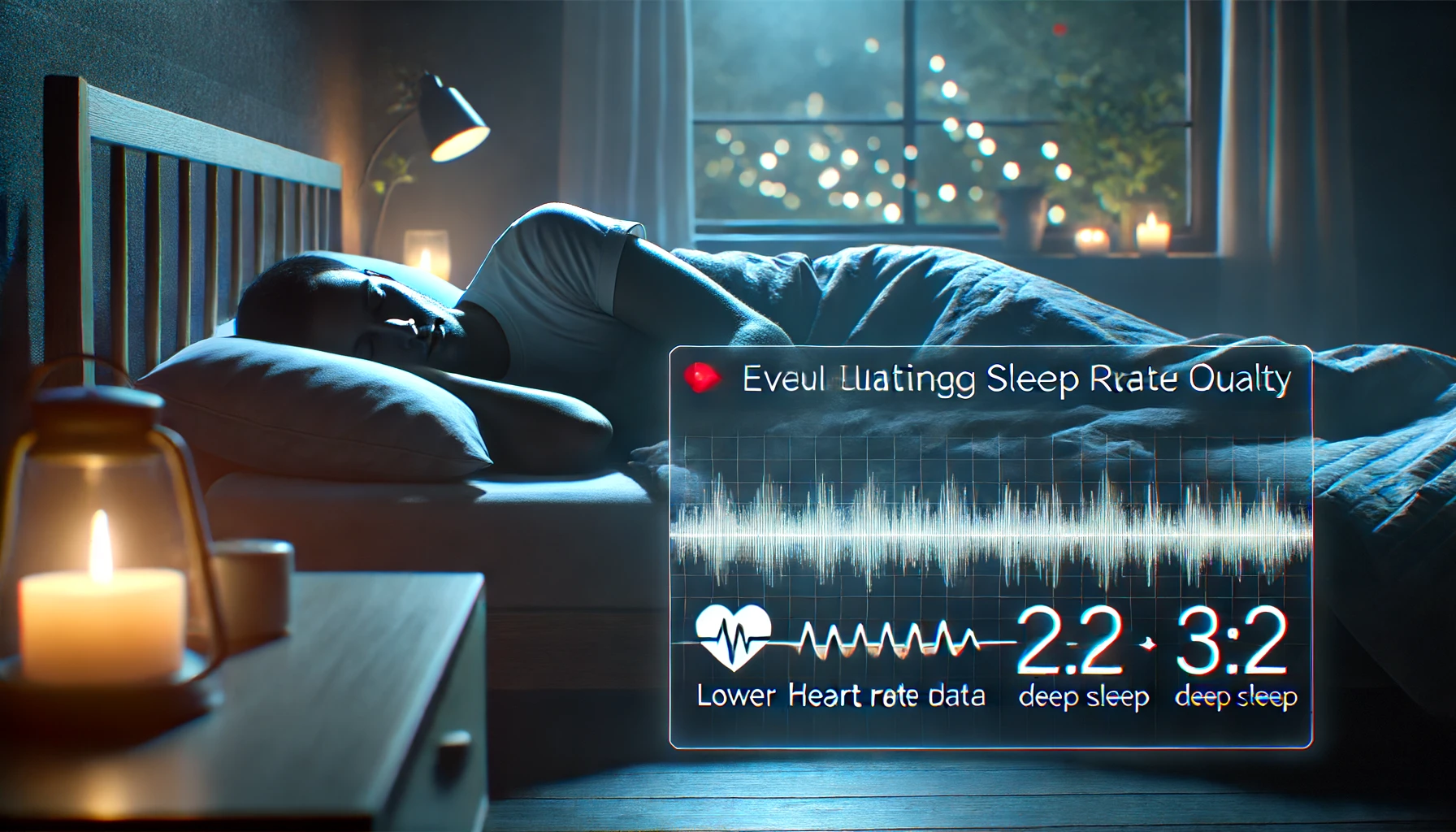 a person asleep in a dimly lit, serene bedroom. A heart rate monitor displays lower heart rate data, indicating deep sleep, and captures the essence of using heart rate data to evaluate sleep quality.
