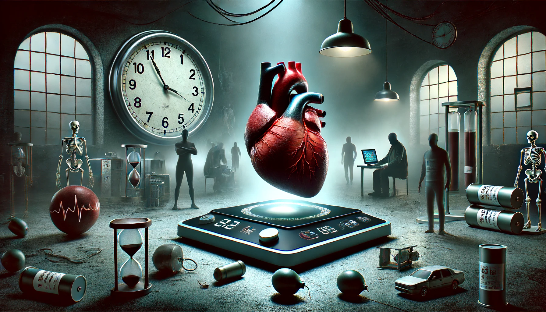 a human heart, a ticking clock, and shadowy figures to symbolically highlight the stealthy and dangerous nature of high blood pressure