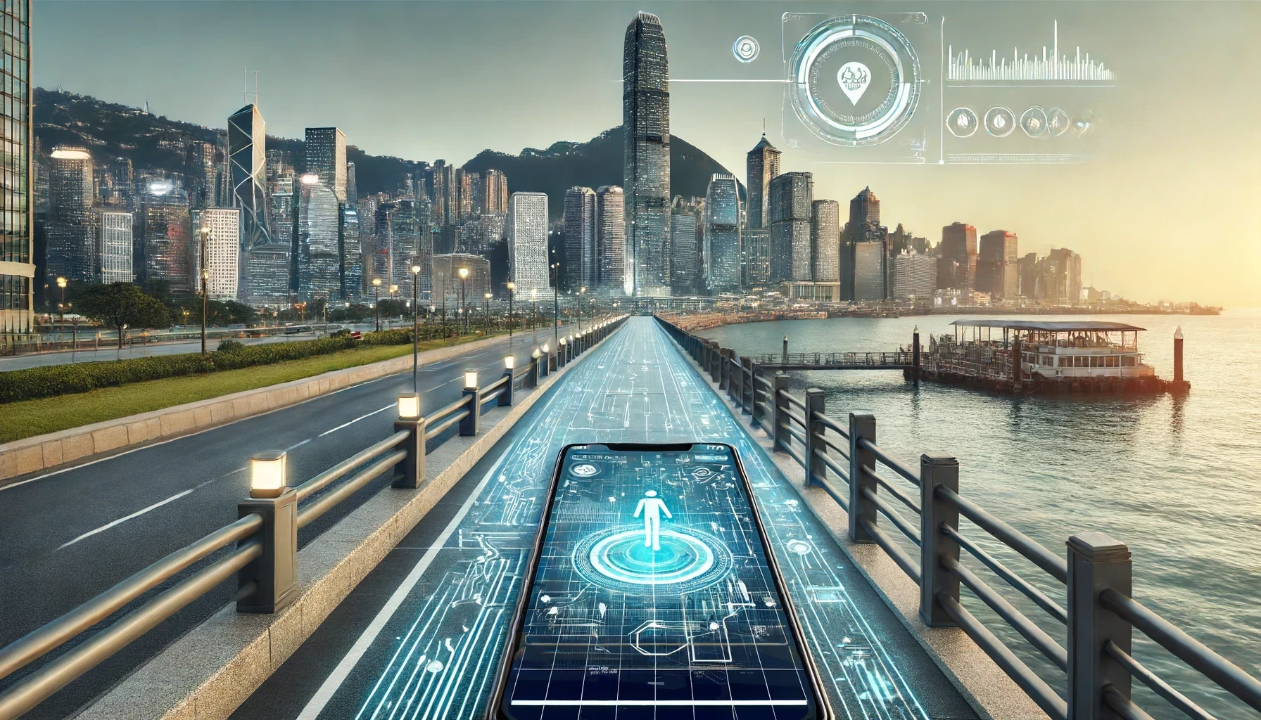 A modern urban walking path along a waterfront with a clear view of the city skyline. The path is equipped with advanced technological features such as digital signboards and integrated lighting.