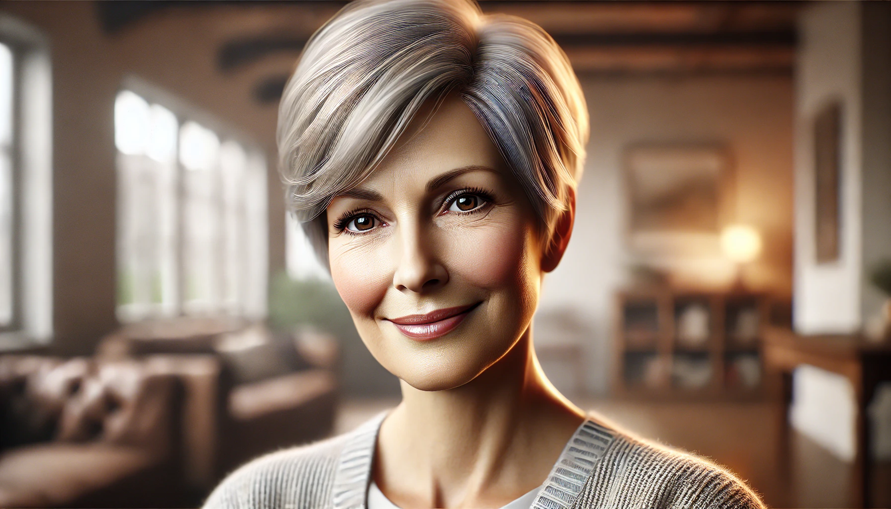 A smiling elderly woman with short, neatly styled gray hair who wears a gray sweater.