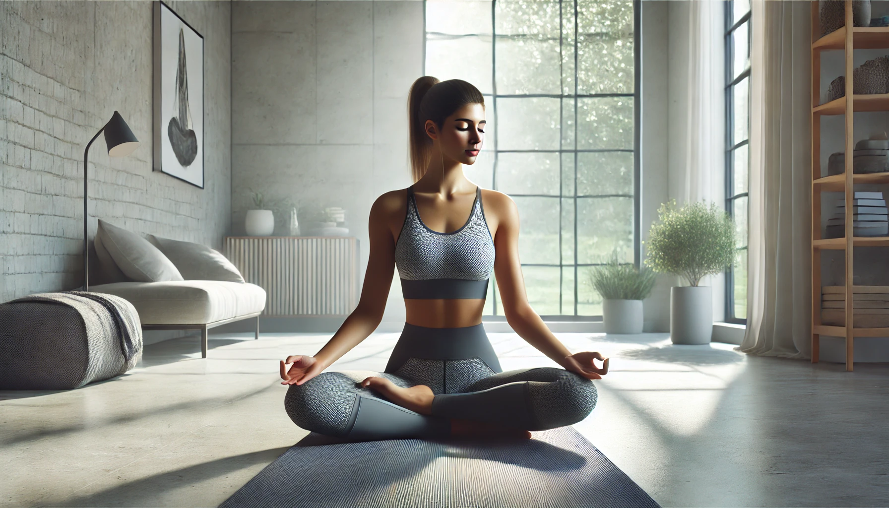 a woman practicing yoga in a serene environment. She is in a seated meditation pose on a yoga mat, wearing comfortable activewear.