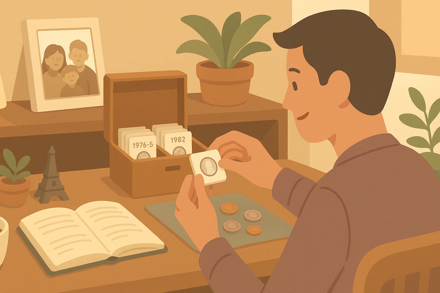 A collector puts a coin in a secure handler, smiling and looking at his notes.