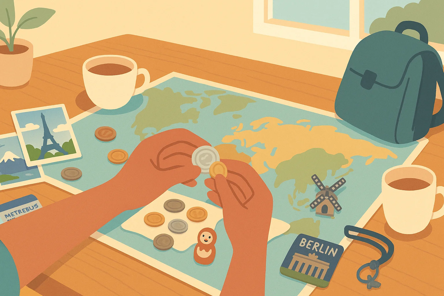 A traveller arranges coins on a world map to remember his travels.